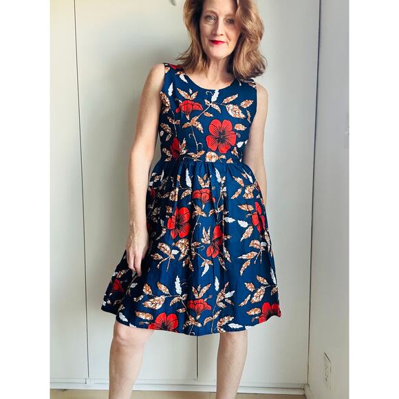 Vintage Handmade Dress Hawaiian hibiscus Print Knee Length Size Small Blue Red - Picture 1 of 9